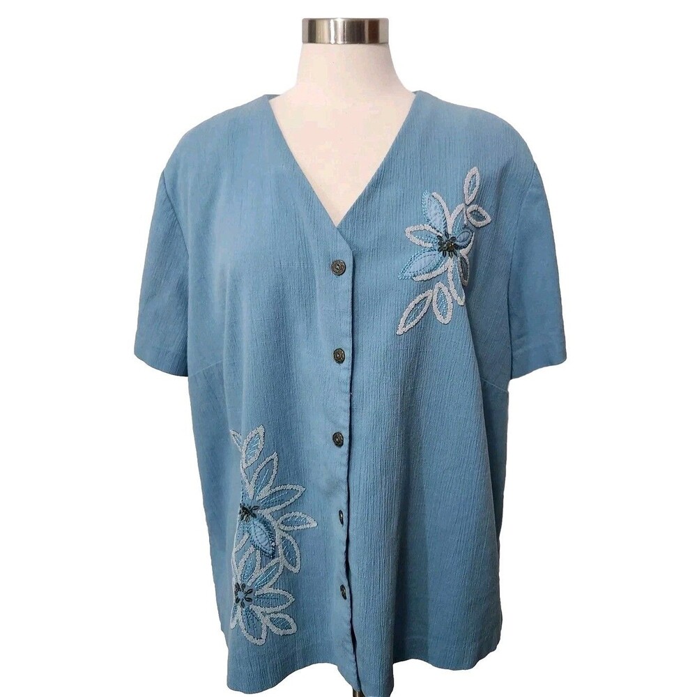 Alfred Dunner Button Blouse Top 24W Blue Embroidered floral Short Slv Office